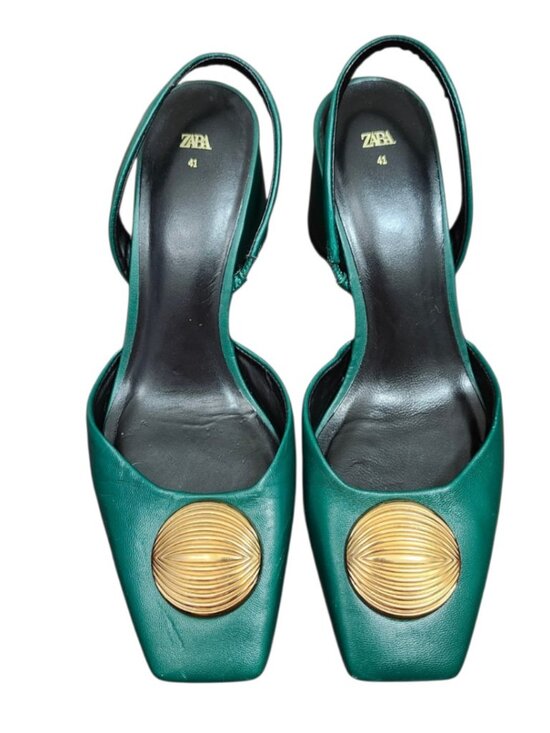 Zara Shoes - ZARA Green Leather Slingback Heels Gold Medallion Block Heel Women’s EU 41 US 10